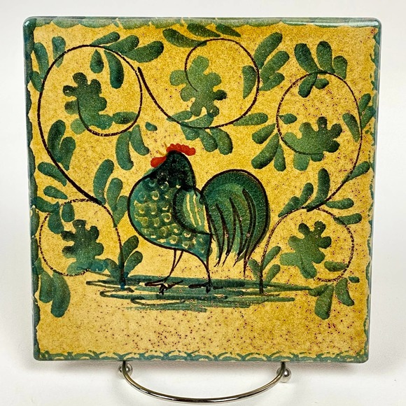 Williams-Sonoma Italian Terracotta Tile Rooster Square Trivet Yellow Handpainted - Picture 1 of 10